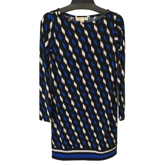 Michael Kors Long Sleeve Scoop Neck Black Blue & White Dress Size Small - Picture 1 of 3